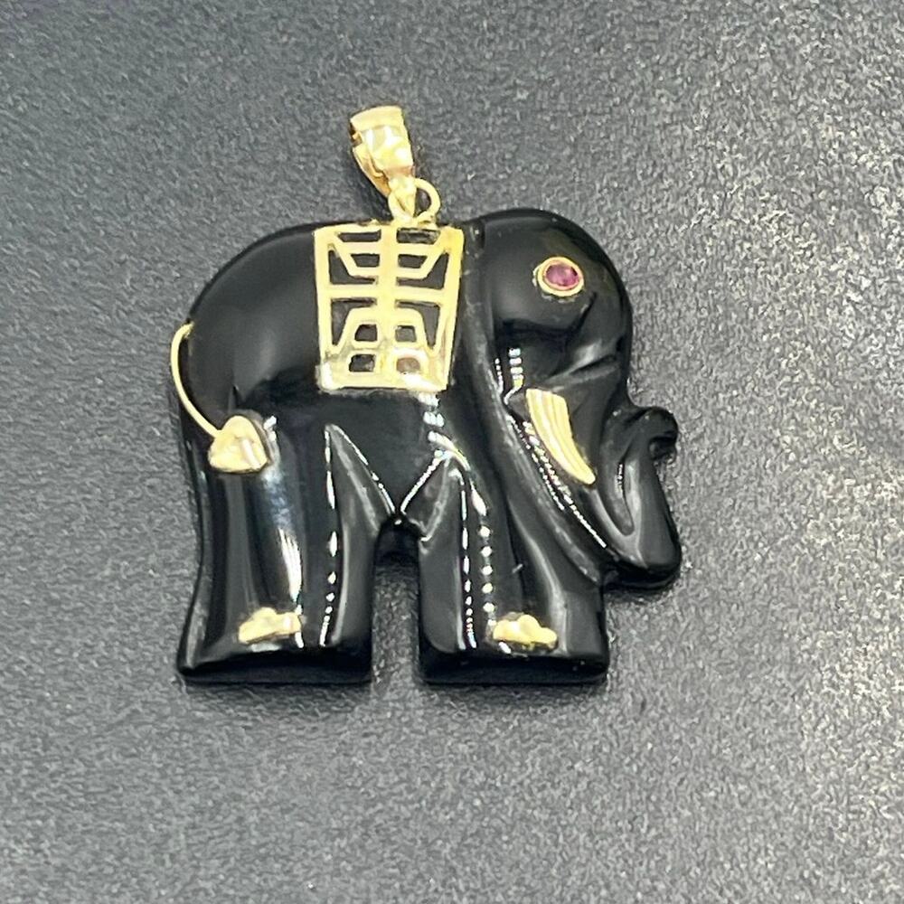 Designer 1 1/4" 14K Gold Carved
Onyx Elephant with Red‎ Ruby Eyes
Pendant